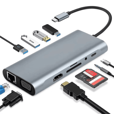 11 in 1 USB C HUB Type C Adapter to 4K HDTV VGA RJ45 Lan Ethernet SD/TF Hub 3.5MM AUX 11 Port Dock Station PC Laptop Splitter