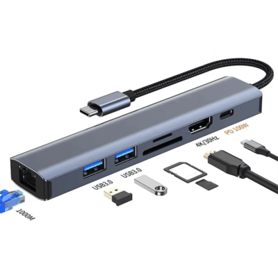 1000Mbps RJ45 7 in 1 Dongle Station 4K 30HZ HDTV Type C Extender Hub SD/TF Card Reader/USB 3.0/PD100W Port for PC Computer