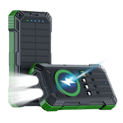 Solar Charger 20000mAh Built in 4 Cables 22.5W Fast Charging for All Mobile Devices Dual Flashlights Wireless Solar Power Banks