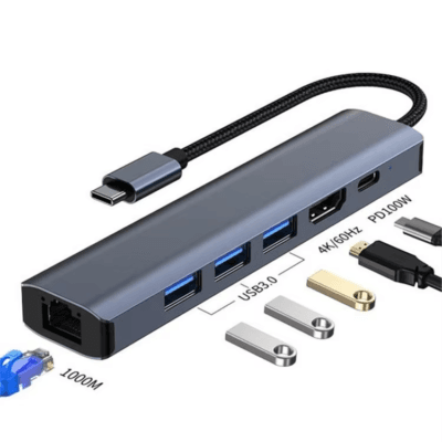 PD 100W Quick Charge Type-C Hub 6in1 Gigabit Ethernet Rj45 USB 3.0 Docking Station HDTV 4K Transmission Hub Adapter